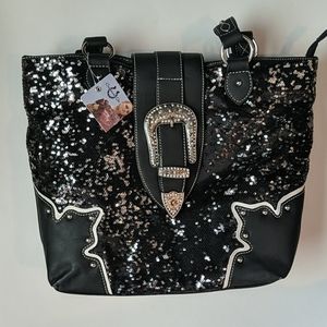 Black leather and sequin country-style purse